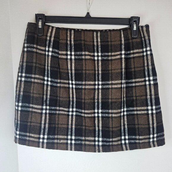 Women Plaid Mini Skirt Brown Black Wool Blend Autumn Size L Side Zip - Picture 2 of 11